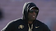 Oct 28, 2023; Pasadena, California, USA; Colorado Buffaloes head coach Deion Sanders reacts during the game against the UCLA Bruins at Rose Bowl. Mandatory Credit: Kirby Lee-Imagn Images