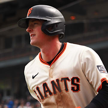 Apr 24, 2025; San Francisco, California, USA; San Francisco Giants second baseman Tyler Fitzgerald (49) after scoring a run against the Milwaukee Brewers during the eighth inning at Oracle Park. 