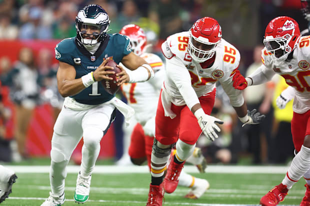 Former Alabama Crimson Tide quarterback Jalen Hurts of the Philadelphia Eagles in Super Bowl LIX. 