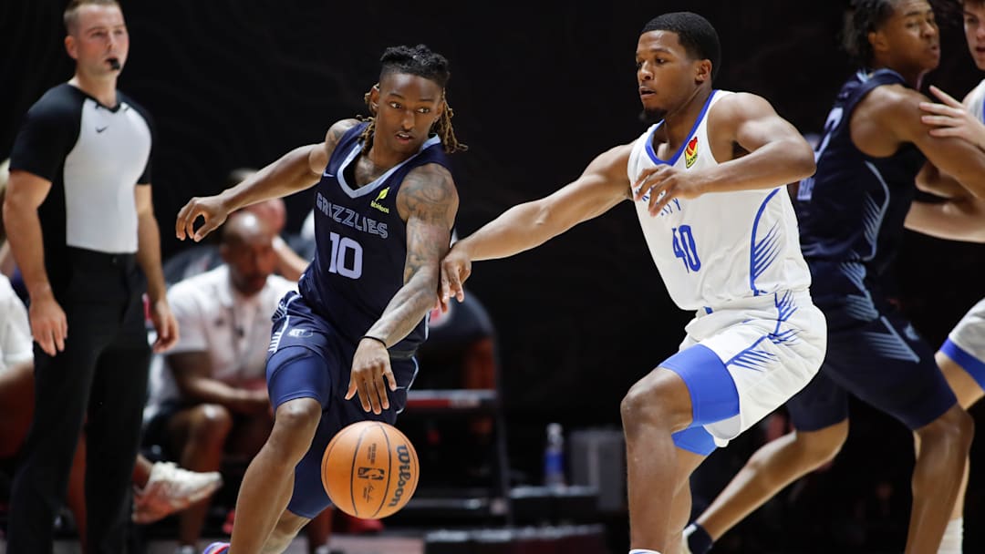 July 5, 2025; Salt Lake City, Utah, USA; Grizzlies rookie guard Javon Small (10) being guarded by Oklahoma City guard Chris Youngblood (40) during NBA Salt Lake City Summer League
