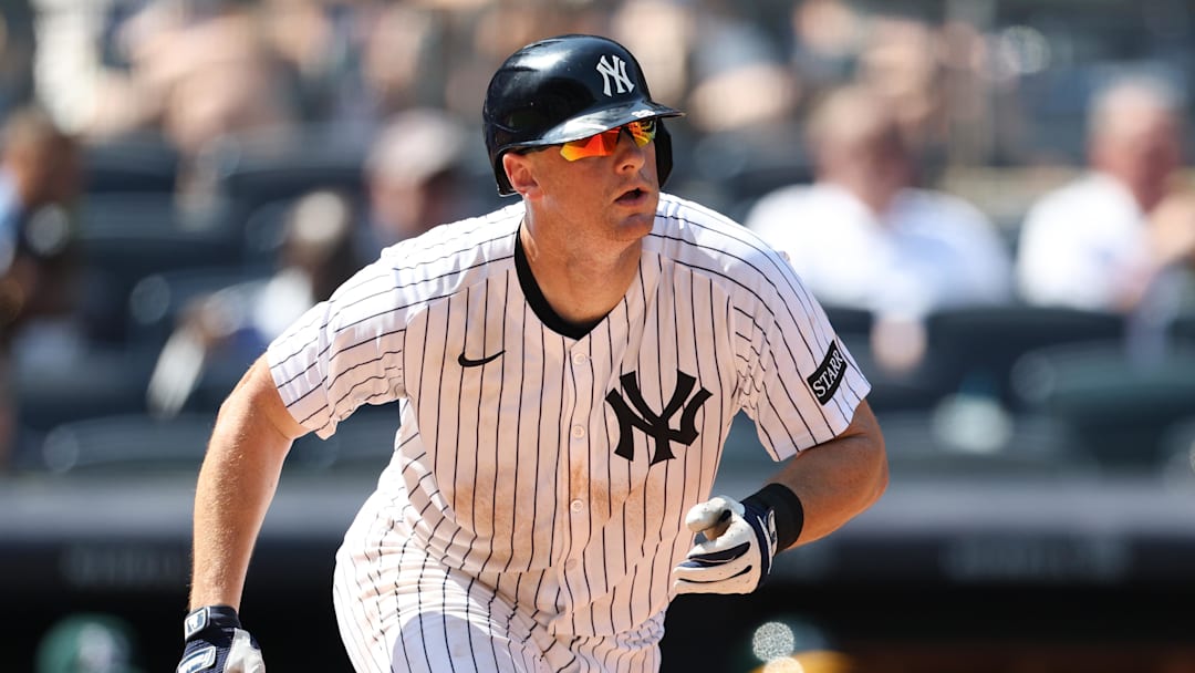Jun 28, 2025; Bronx, New York, USA; New York Yankees second base DJ LeMahieu (26) singles during the eighth inning against the Athletics at Yankee Stadium. Mandatory Credit: Vincent Carchietta-Imagn Images Jun 28, 2025; Bronx, New York, USA; New York Yankees second base DJ LeMahieu (26) singles during the eighth inning against the Athletics at Yankee Stadium. Mandatory Credit: Vincent Carchietta-Imagn Images