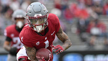 Oct 19, 2024; Pullman, Washington, USA; Washington State Cougars wide receiver Kris Hutson (1) carries the ball after a catch against the Hawaii Warriors in the second half at Gesa Field at Martin Stadium. Washington State won 42-10. Mandatory Credit: James Snook-Imagn Images