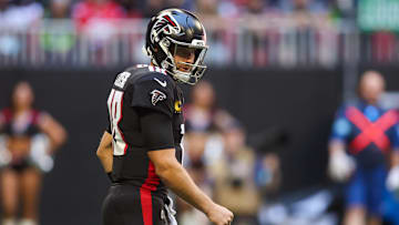 Oct 20, 2024; Atlanta, Georgia, USA; Atlanta Falcons quarterback Kirk Cousins (18) in action against the Seattle Seahawks in the first quarter at Mercedes-Benz Stadium. Mandatory Credit: Brett Davis-Imagn Images
