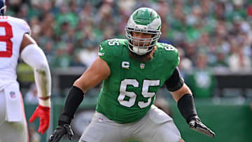 Oct 26, 2025; Philadelphia, Pennsylvania, USA; Philadelphia Eagles offensive tackle Lane Johnson (65) against the New York Giants at Lincoln Financial Field. 