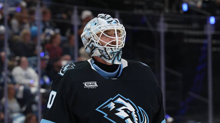 May 1, 2026; Salt Lake City, Utah, USA; Utah Mammoth goaltender Karel Vejmelka (70) looks on during the third period in game six of the first round of the 2026 Stanley Cup Playoffs against the Vegas Golden Knights at Delta Center. Mandatory Credit: Rob Gray-Imagn Images