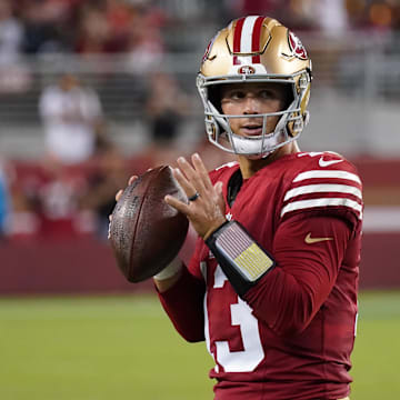 Sep 9, 2024; Santa Clara, California, USA; San Francisco 49ers quarterback Brock Purdy (13) warms up in the fourth quarter against the New York Jets at Levi's Stadium. Mandatory Credit: David Gonzales-Imagn Images