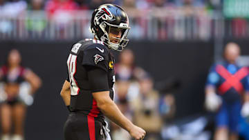 Oct 20, 2024; Atlanta, Georgia, USA; Atlanta Falcons quarterback Kirk Cousins (18) in action against the Seattle Seahawks in the first quarter at Mercedes-Benz Stadium. Mandatory Credit: Brett Davis-Imagn Images