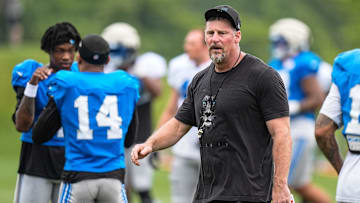 Detroit Lions head coach Dan Campbell watches practice during training camp at Meijer Performance Center in Allen Park on Saturday, July 26, 2025.