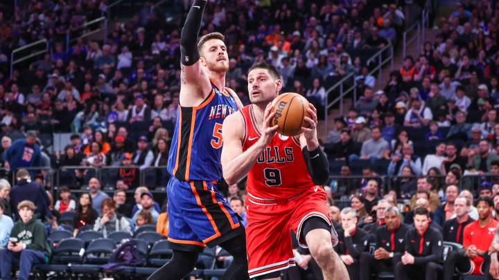 Apr 14, 2024; New York, New York, USA;  Chicago Bulls center Nikola Vucevic (9) and New York Knicks center Isaiah Hartenstein (55) at Madison Square Garden. Mandatory Credit: Wendell Cruz-USA TODAY Sports