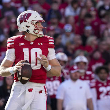 Sep 7, 2024; Madison, Wisconsin, USA;  Wisconsin Badgers quarterback Tyler Van Dyke (10) looks to throw a pass during the third quarter against the South Dakota Coyotes at Camp Randall Stadium.