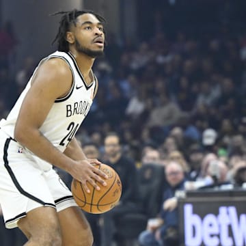 Mar 11, 2025; Cleveland, Ohio, USA; Brooklyn Nets guard Cam Thomas (24) looks to the basket in the first quarter against the Cleveland Cavaliers at Rocket Arena. Mandatory Credit: David Richard-Imagn Images