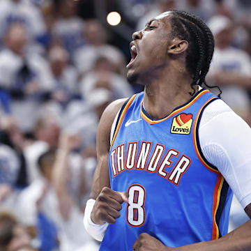 Apr 24, 2024; Oklahoma City, Oklahoma, USA; Oklahoma City Thunder forward Jalen Williams (8) celebrates after scoring a basket against the New Orleans Pelicans during the second quarter of game two of the first round for the 2024 NBA playoffs at Paycom Center. Mandatory Credit: Alonzo Adams-Imagn Images