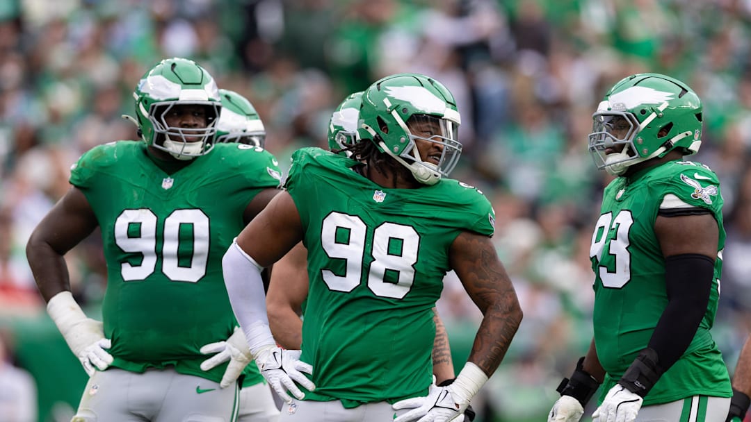 Dec 29, 2024; Philadelphia, Pennsylvania, USA; Philadelphia Eagles defensive tackle Jalen Carter (98) and defensive tackle Jordan Davis (90) and defensive tackle Milton Williams (93) during the second quarter against the Dallas Cowboys at Lincoln Financial Field. Mandatory Credit: Bill Streicher-Imagn Images