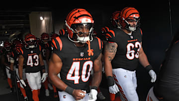 Aug 7, 2025; Philadelphia, Pennsylvania, USA; Cincinnati Bengals running back Quali Conley (40) and guard Dylan Fairchild (63) in the tunnel against the Philadelphia Eagles at Lincoln Financial Field. Mandatory Credit: Eric Hartline-Imagn Images