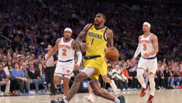 May 6, 2024; New York, New York, USA; Indiana Pacers forward Obi Toppin (1) drives to the basket