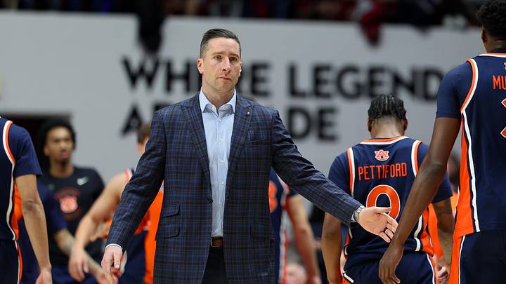 Mar 7, 2026; Tuscaloosa, Alabama, USA; Auburn Tigers head coach Steven Pearl cheer on his players during the first half against the Alabama Crimson Tide at Coleman Coliseum. Mandatory Credit: David Leong-Imagn Images