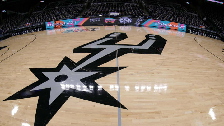 Dec 13, 2018; San Antonio, TX, USA; A general view of the San Antonio Spurs logo on the court prior to a game between the Spurs and the LA Clippers at AT&T Center. Mandatory Credit: Soobum Im-USA TODAY Sports