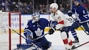 May 5, 2025; Toronto, Ontario, CAN; Toronto Maple Leafs goaltender Anthony Stolarz (41) and Florida Panthers forward Sam Bennett (9) battle for position in front of the goal during the second period of the second round of the 2025 Stanley Cup Playoffs at Scotiabank Arena. Mandatory Credit: John E. Sokolowski-Imagn Images