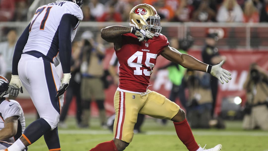 Aug 19, 2017; Santa Clara, CA, USA; San Francisco 49ers outside linebacker Pita Taumoepenu (45) celebrates after sacking Denver Broncos quarterback Kyle Sloter (1) during the second half  at Levi's Stadium. Mandatory Credit: Sergio Estrada-Imagn Images