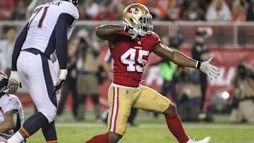 Aug 19, 2017; Santa Clara, CA, USA; San Francisco 49ers outside linebacker Pita Taumoepenu (45) celebrates after sacking Denver Broncos quarterback Kyle Sloter (1) during the second half  at Levi's Stadium. Mandatory Credit: Sergio Estrada-Imagn Images