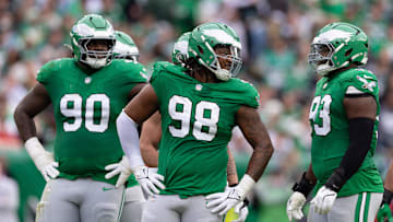 Dec 29, 2024; Philadelphia, Pennsylvania, USA; Philadelphia Eagles defensive tackle Jalen Carter (98) and defensive tackle Jordan Davis (90) and defensive tackle Milton Williams (93) during the second quarter against the Dallas Cowboys at Lincoln Financial Field. Mandatory Credit: Bill Streicher-Imagn Images