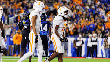 Oct 25, 2025; Lexington, Kentucky, USA; Tennessee Volunteers running back Star Thomas (9) celebrates after scoring a touchdown during the first quarter against the Kentucky Wildcats at Kroger Field. Mandatory Credit: Jordan Prather-Imagn Images