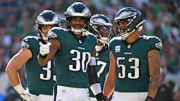 Oct 5, 2025; Philadelphia, Pennsylvania, USA; Philadelphia Eagles linebacker Jihaad Campbell (30) and linebacker Zack Baun (53) against the Denver Broncos at Lincoln Financial Field. Mandatory Credit: Eric Hartline-Imagn Images