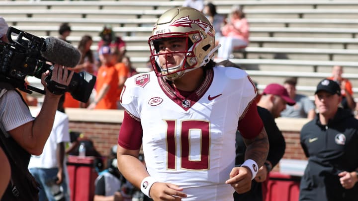 Sep 23, 2023; Clemson, South Carolina, USA; Florida State Seminoles quarterback AJ Duffy (10) prior to a game against the Clemson Tigers at Memorial Stadium. Mandatory Credit: David Yeazell-USA TODAY Sports