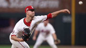 Jul 15, 2025; Cumberland, Georgia, USA; National League pitcher MacKenzie Gore (1) of the Washington Nationals pitches in the fifth inning during the 2025 MLB All Star Game at Truist Park. 