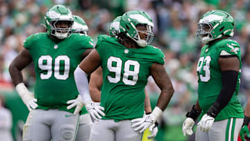 Dec 29, 2024; Philadelphia, Pennsylvania, USA; Philadelphia Eagles defensive tackle Jalen Carter (98) and defensive tackle Jordan Davis (90) and defensive tackle Milton Williams (93) during the second quarter against the Dallas Cowboys at Lincoln Financial Field. Mandatory Credit: Bill Streicher-Imagn Images
