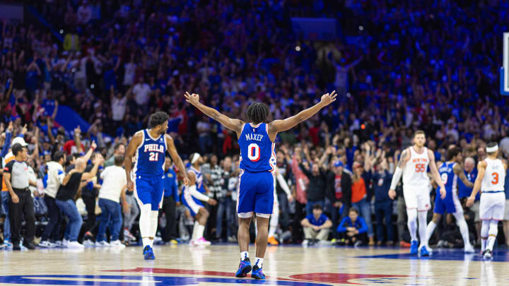 May 2, 2024; Philadelphia, Pennsylvania, USA; Philadelphia 76ers guard Tyrese Maxey (0) reacts to a score against the New York Knicks during game six of the first round for the 2024 NBA playoffs at Wells Fargo Center. Mandatory Credit: Bill Streicher-USA TODAY Sports