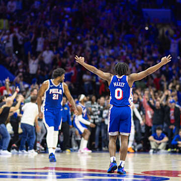 May 2, 2024; Philadelphia, Pennsylvania, USA; Philadelphia 76ers guard Tyrese Maxey (0) reacts to a score against the New York Knicks during game six of the first round for the 2024 NBA playoffs at Wells Fargo Center. Mandatory Credit: Bill Streicher-Imagn Images