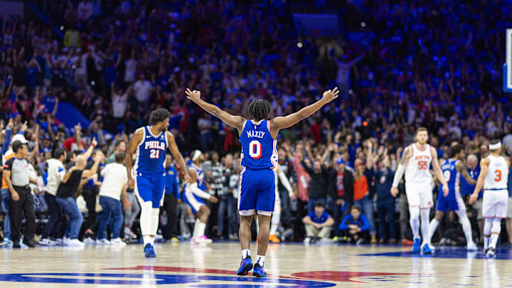 May 2, 2024; Philadelphia, Pennsylvania, USA; Philadelphia 76ers guard Tyrese Maxey (0) reacts to a score against the New York Knicks during game six of the first round for the 2024 NBA playoffs at Wells Fargo Center. Mandatory Credit: Bill Streicher-Imagn Images