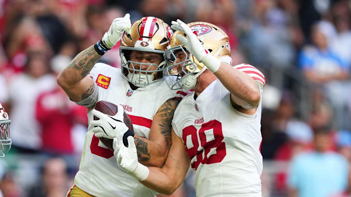 San Francisco 49ers tight end George Kittle (85) with tight end Jake Tonges (88)