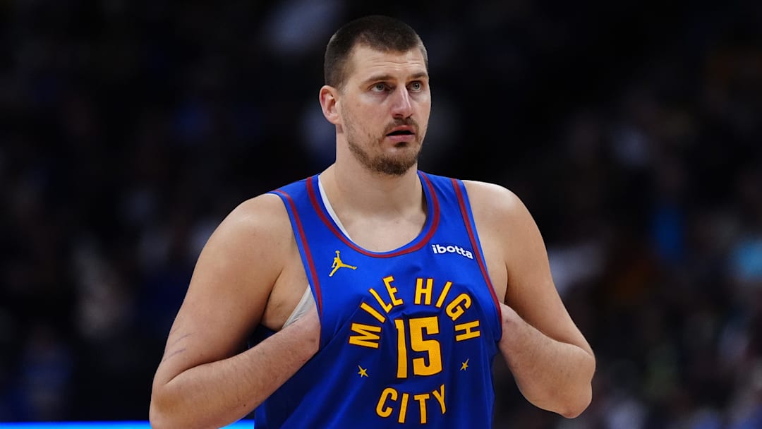 Feb 9, 2026; Denver, Colorado, USA; Denver Nuggets center Nikola Jokic (15) during the second quarter against the Cleveland Cavaliers at Ball Arena. Mandatory Credit: Ron Chenoy-Imagn Images