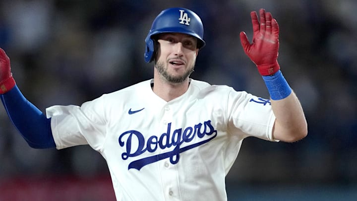 Apr 15, 2026; Los Angeles, California, USA; Los Angeles Dodgers right fielder Kyle Tucker runs the bases after hitting a home run in the eighth inning against the New York Mets at Dodger Stadium. Mandatory Credit: Kirby Lee-Imagn Images