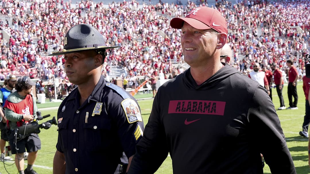 Oct 12, 2024; Tuscaloosa, Alabama, USA;  Alabama Crimson Tide head coach Kalen DeBoer  leave the field at Bryant-Denny Stadium. Alabama defeated South Carolina 27-25. Mandatory Credit: Gary Cosby Jr.-Imagn Images