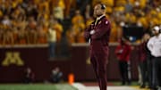 Oct 11, 2025; Minneapolis, Minnesota, USA; Minnesota Golden Gophers head coach P.J. Fleck looks on during the second half against the Purdue Boilermakers at Huntington Bank Stadium. Mandatory Credit: Matt Krohn-Imagn Images