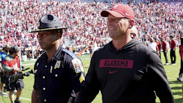 Oct 12, 2024; Tuscaloosa, Alabama, USA;  Alabama Crimson Tide head coach Kalen DeBoer  leave the field at Bryant-Denny Stadium. Alabama defeated South Carolina 27-25. Mandatory Credit: Gary Cosby Jr.-Imagn Images
