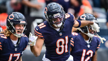Aug 17, 2024; Chicago, Illinois, USA; Chicago Bears quarterback Tyson Bagent (17) celebrates his touchdown pass and catch by wide receiver Dante Pettis (81) against the Cincinnati Bengals during the third quarter at Soldier Field.