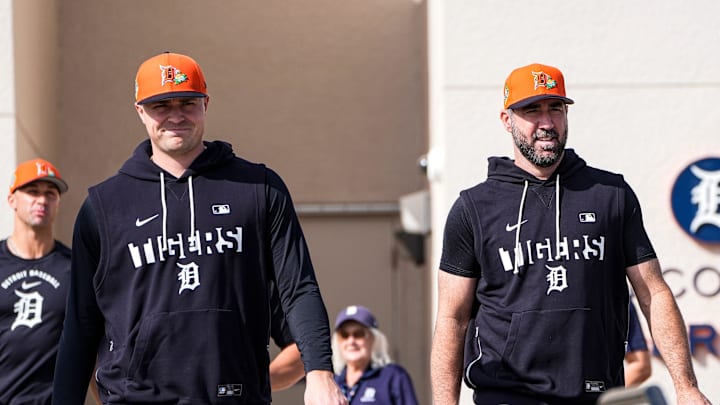 Detroit Tigers pitcher Tarik Skubal, left, and pitcher Justin Verlander walks toward practice field during spring training at TigerTown in Lakeland, Fla. on Thursday, Feb. 12, 2026.