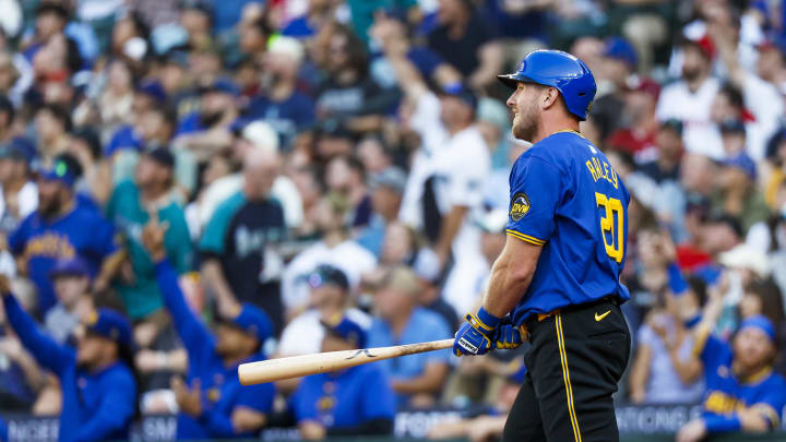 Seattle Mariners first baseman Luke Raley (20) hits a three-run home run against the Philadelphia Phillies during the second inning at T-Mobile Park on Aug 2.