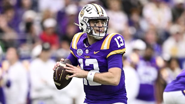 LSU Tigers quarterback Garrett Nussmeier (13) throws a pass during the first half against the Baylor Bears.