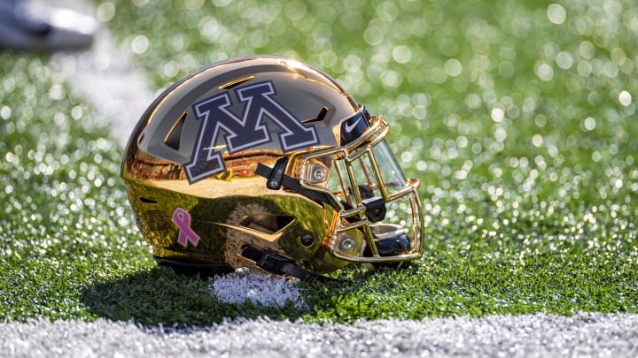 Oct 26, 2019; Minneapolis, MN, USA; A general view of Minnesota Golden Gophers helmet before a game against the Maryland Terrapins at TCF Bank Stadium. Mandatory Credit: Jesse Johnson-USA TODAY Sports