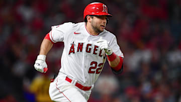 Sep 26, 2023; Anaheim, California, USA; Los Angeles Angels second baseman David Fletcher (22) runs