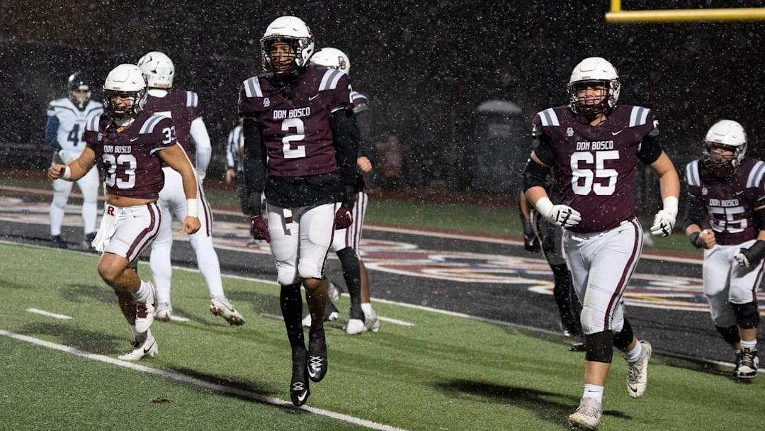 Nov 22, 2024; Ramsey, NJ, USA; St. Augustine Prep at Don Bosco Prep in the NJSIAA Non-Public A football semifinals. DB #2 Isaiah Alvarez celebrates after scoring a touchdown in the first quarter.