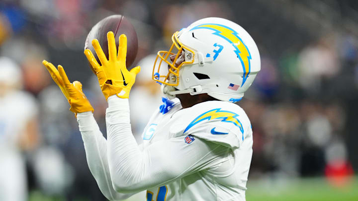 Los Angeles Chargers safety Derwin James Jr. (3) warms up before a game against the Los Angeles Chargers at Allegiant Stadium. Los Angeles Chargers safety Derwin James Jr. (3) warms up before a game against the Los Angeles Chargers at Allegiant Stadium.