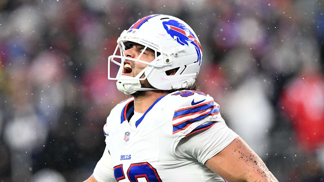 Dec 14, 2025; Foxborough, Massachusetts, USA; Buffalo Bills linebacker Matt Milano (58) reacts after a sack against the New England Patriots during the second half at Gillette Stadium. Mandatory Credit: Brian Fluharty-Imagn Images