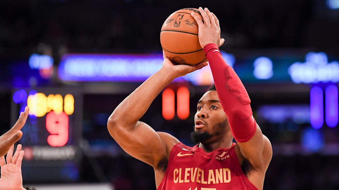 Dec 4, 2022; New York, New York, USA; Cleveland Cavaliers guard Donovan Mitchell (45) attempts a shot against the New York Knicks during the first quarter at Madison Square Garden. Mandatory Credit: Dennis Schneidler-Imagn Images