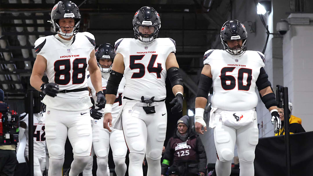 Jan 12, 2026; Pittsburgh, PA, USA; Houston Texans tight end Harrison Bryant (88), guard Jarrett Patterson (54) and center Jake Andrews (60) before an AFC Wild Card Round game against the Pittsburgh Steelers at Acrisure Stadium. Mandatory Credit: Charles LeClaire-Imagn Images